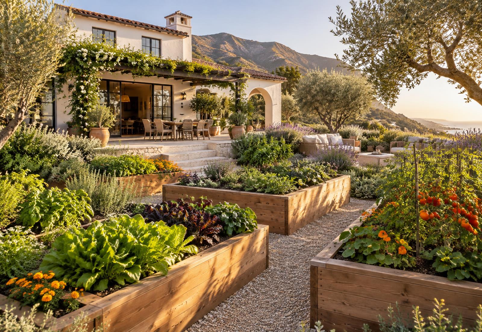Contemporary California home with abundant raised edible garden beds
