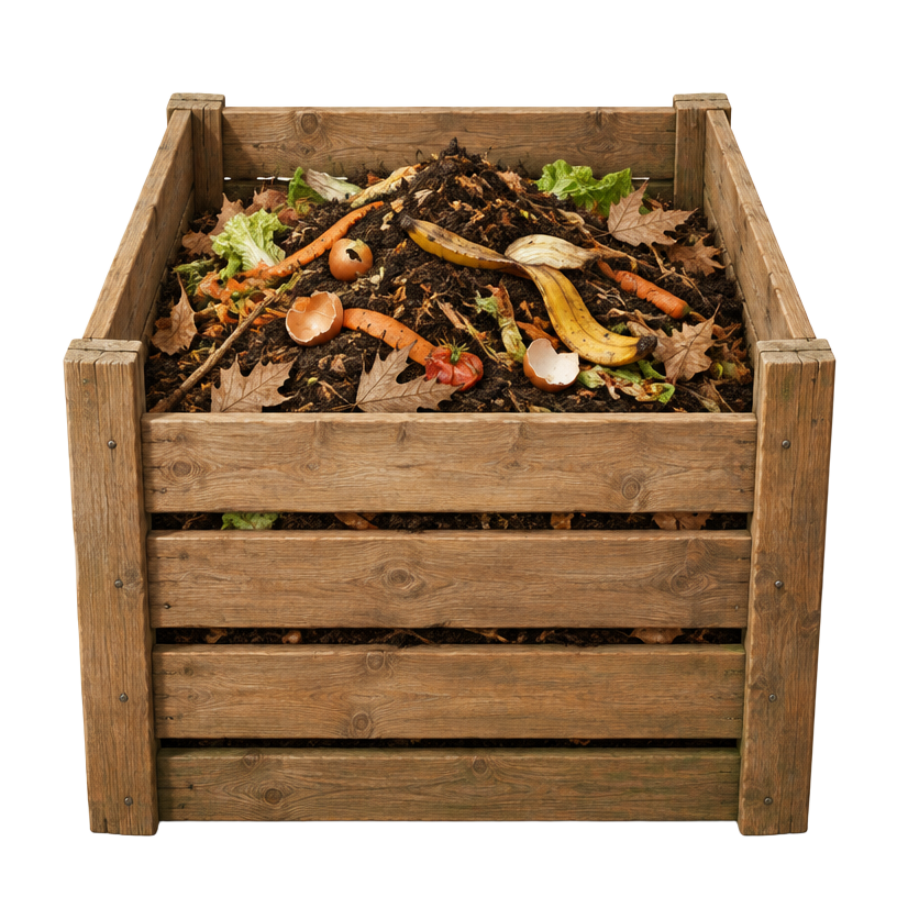 Wooden composter filled with kitchen scraps and compost