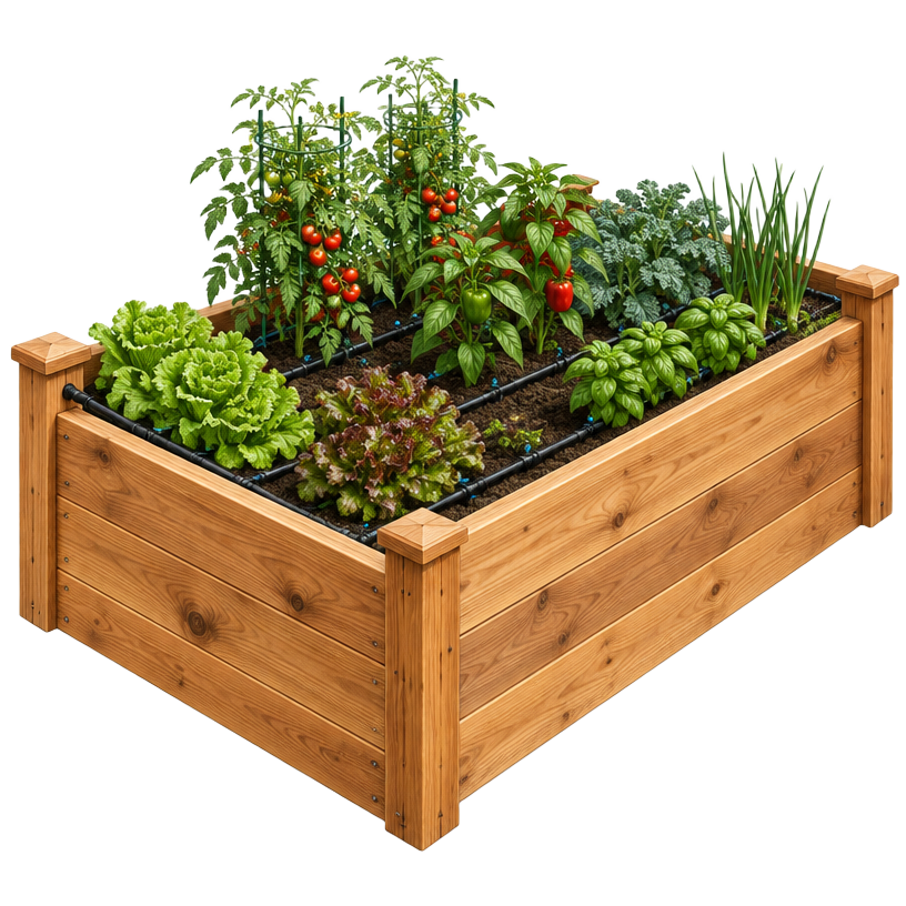 Wooden raised bed planted with tomatoes, peppers and herbs